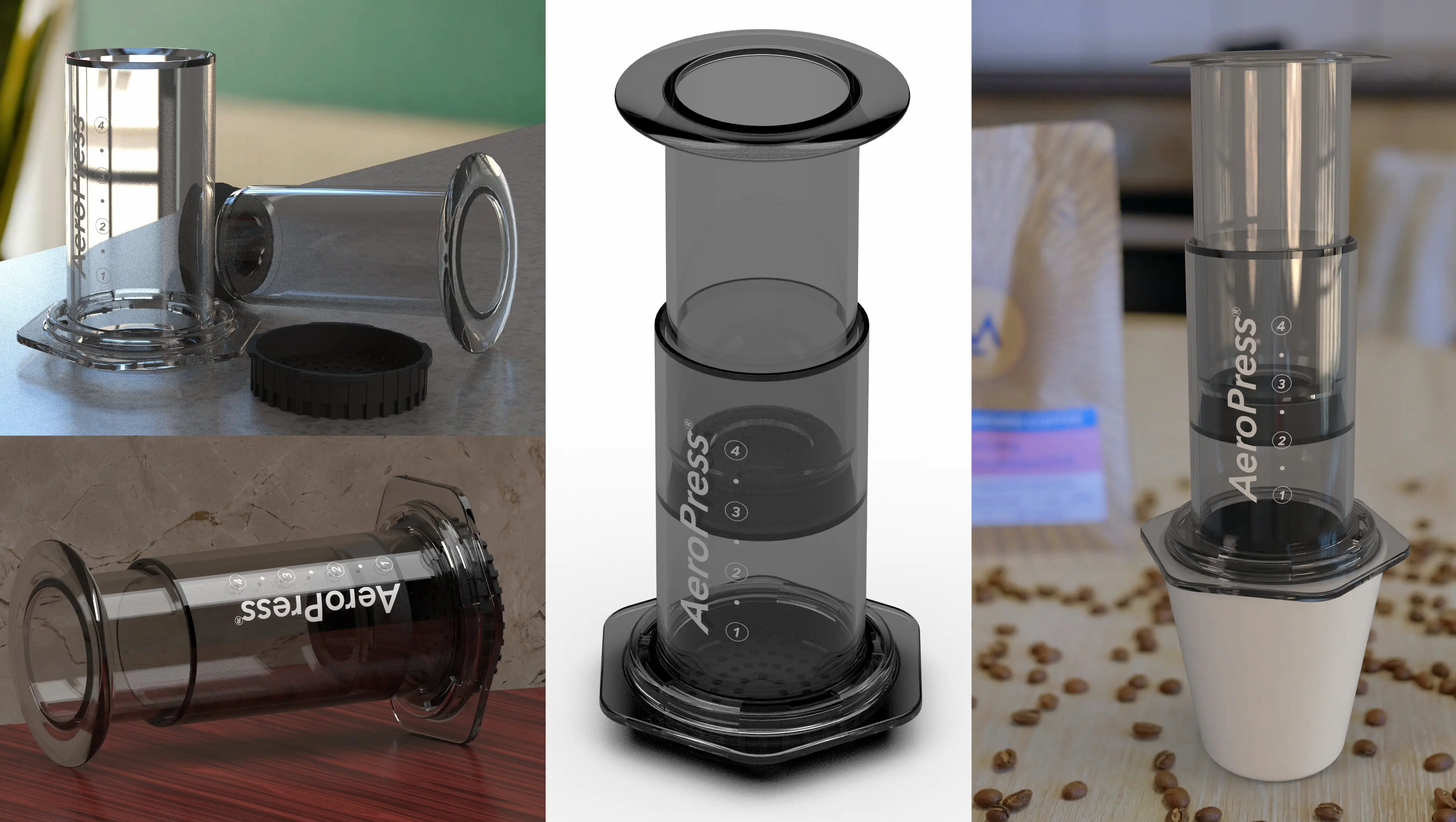 AeroPress CAD renders — real scene, composite scene, whitespace, and fully modelled