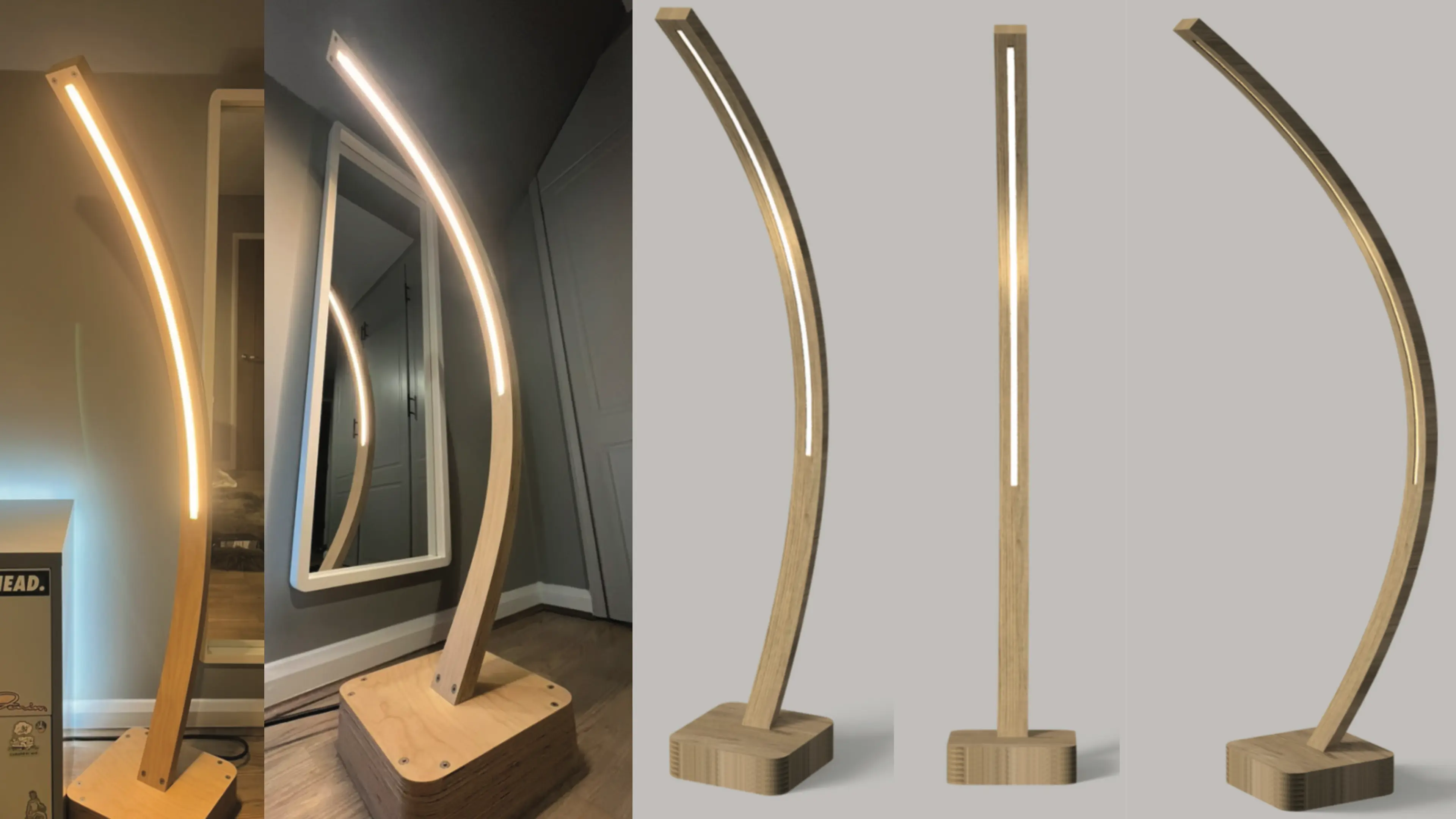 Bent lamination floor lamp — lit product photograph