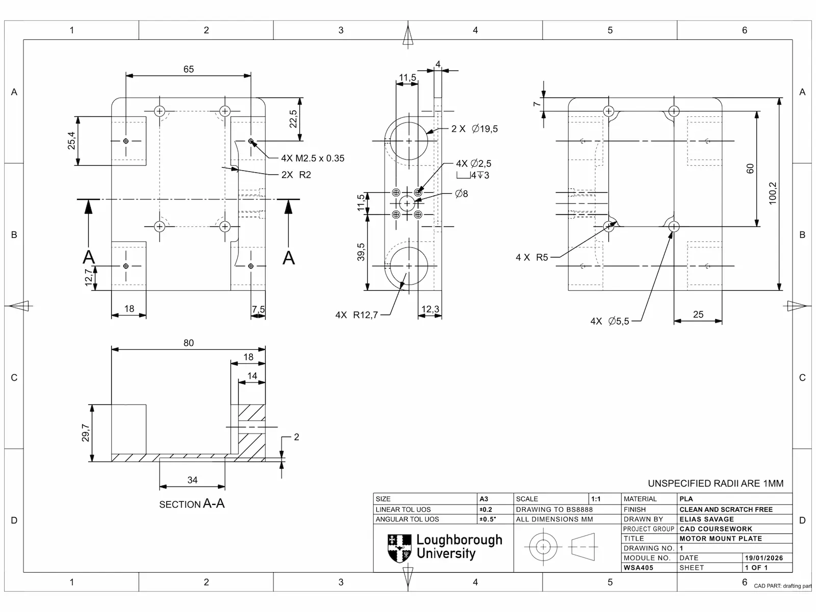 Sheet 1 — motor mount plate part drawing