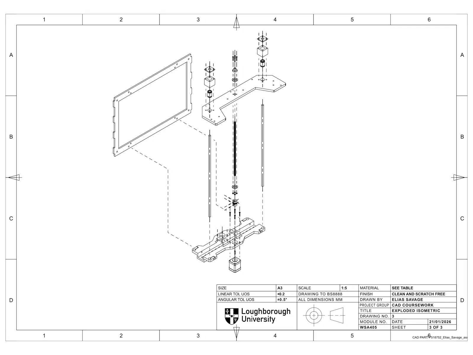 Sheet 4 — exploded isometric and parts list